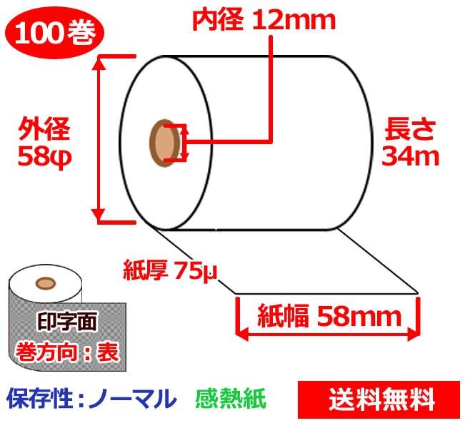 感熱ロール紙 58mm×58mm×12mm 75μ 100巻 サーマルロール紙 レジロール