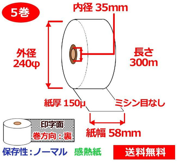 券売機用感熱ロール紙 58mm×300ｍ×35mm 150μ 5巻 白 サーマルロール紙 半券チケット用紙ロール