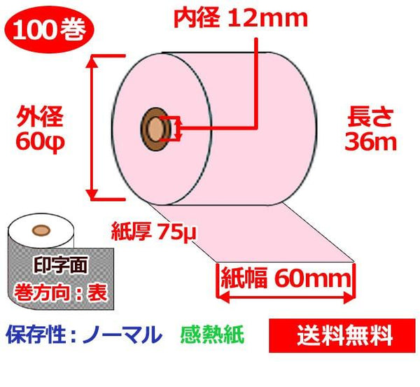 感熱ロール紙 60mm×60mm×12mm 75μ 100巻 ピンク サーマルロール紙 レジロール 感熱レジロール紙
